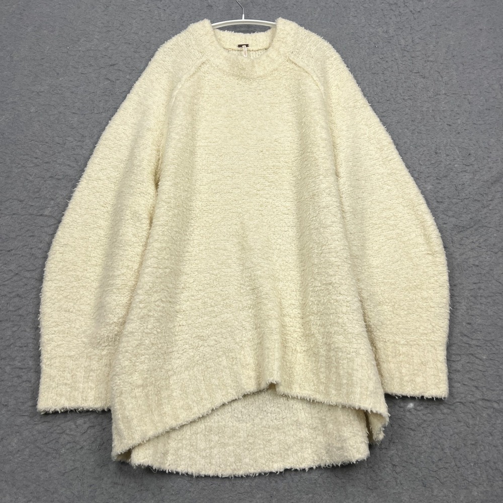 Free People Teddy Sweater Tunic Womens Large Cream Boucle Knit Oversize Pullover